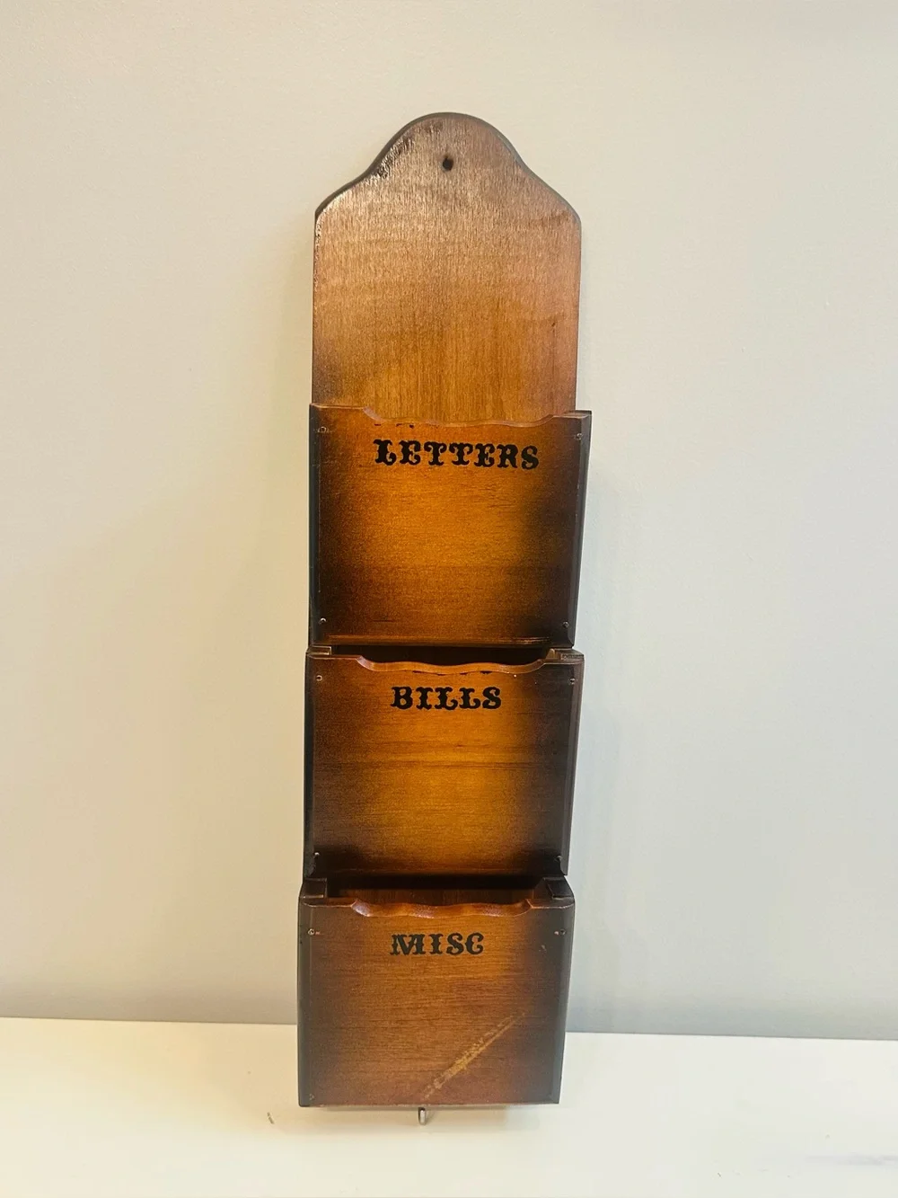 VTG MCM Three-Tier Wooden Wall Mail Letters, Bills, Miscellaneous Organizer